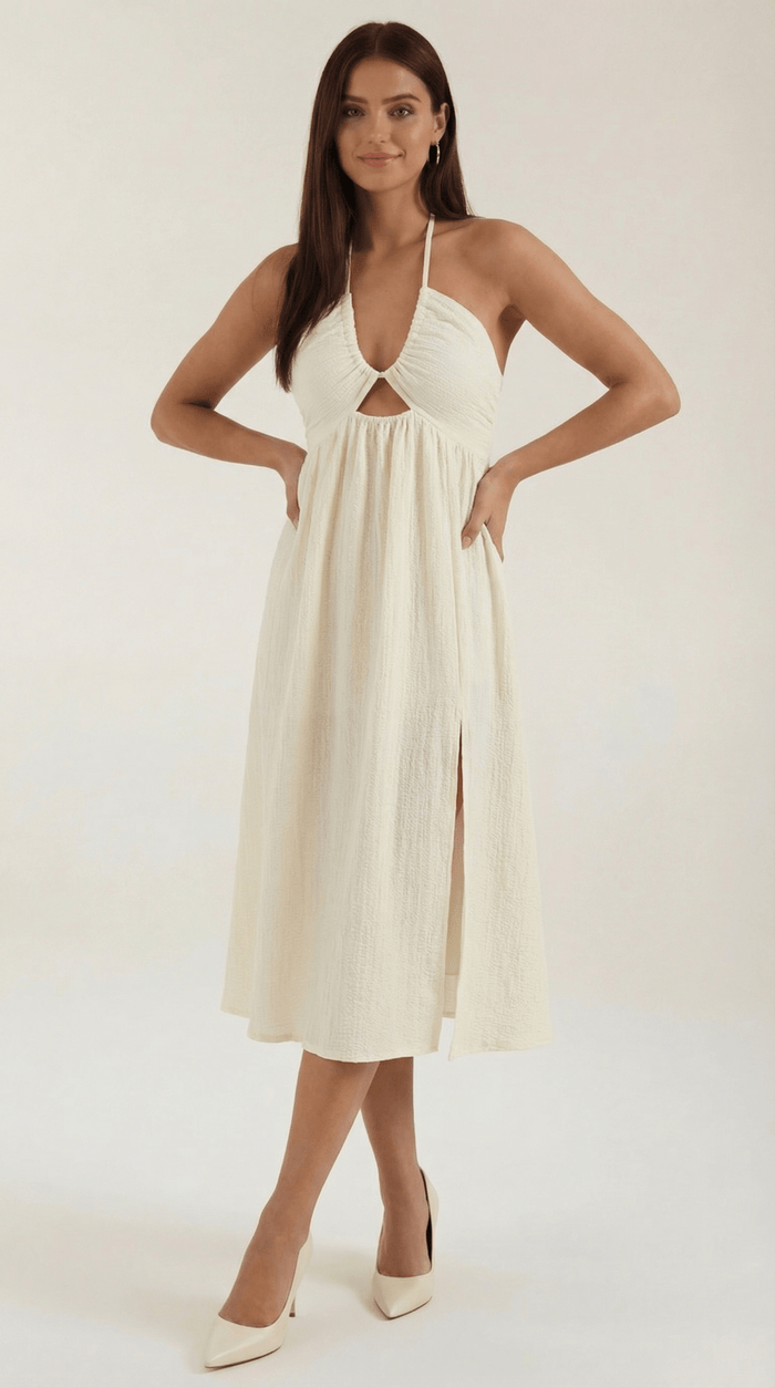 Women's Midi Dress - Adjustable Straps & Skirt Slit Detail