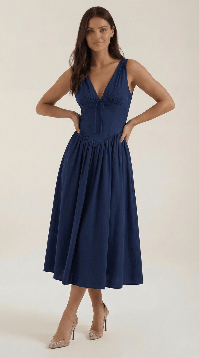 Women's Midi Dress - Fitted Bodice & V-Neckline