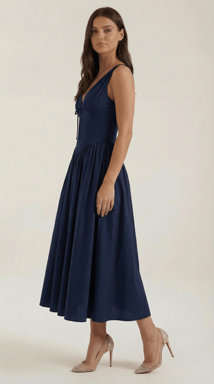 Women's Midi Dress - Fitted Bodice & V-Neckline