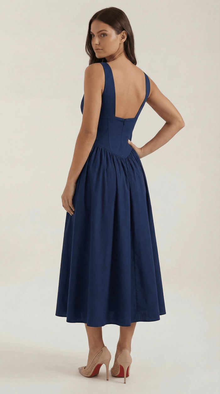 Women's Midi Dress - Fitted Bodice & V-Neckline