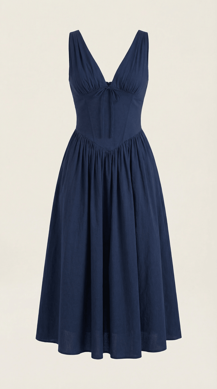Women's Midi Dress - Fitted Bodice & V-Neckline
