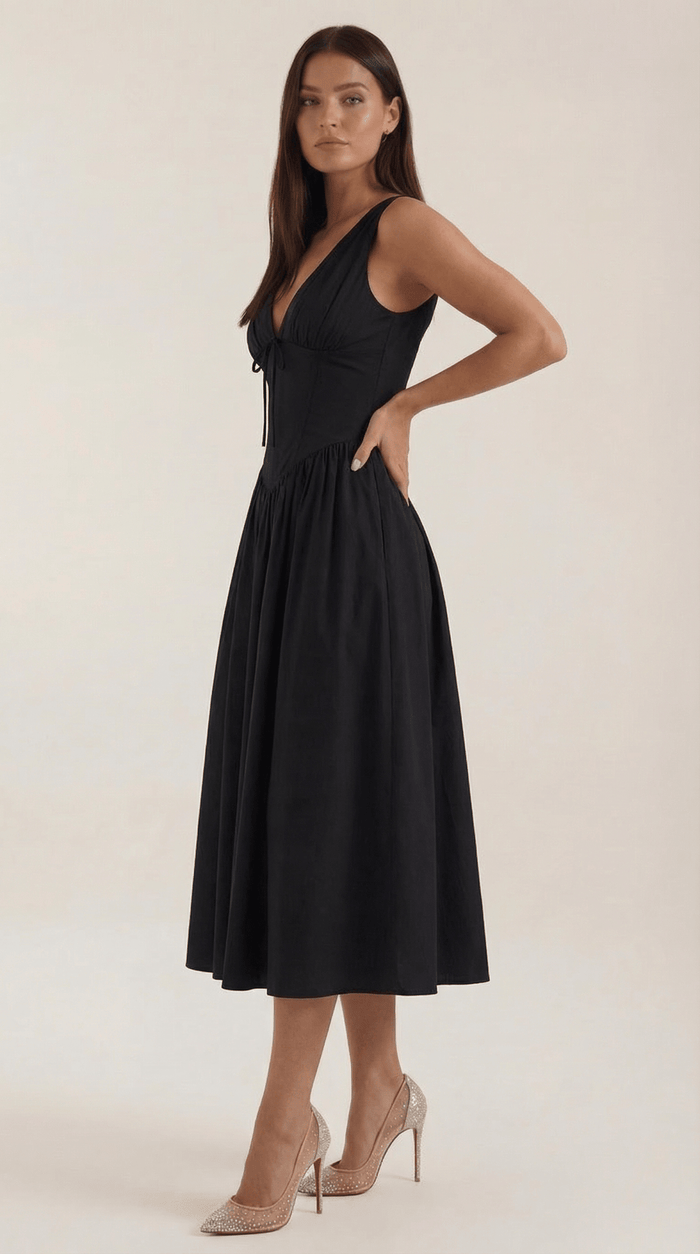Women's Midi Dress - Fitted Bodice & V-Neckline