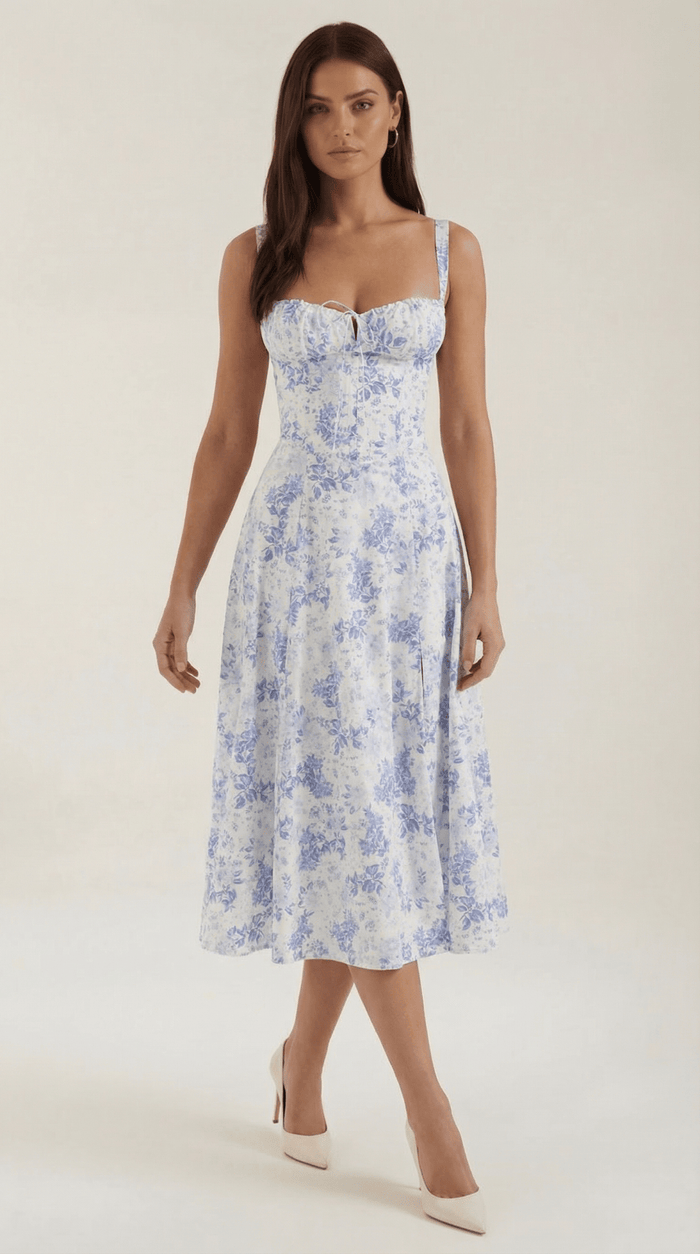 Women's Midi Dress - Sweetheart Neckline Lace-Up Structured Fit