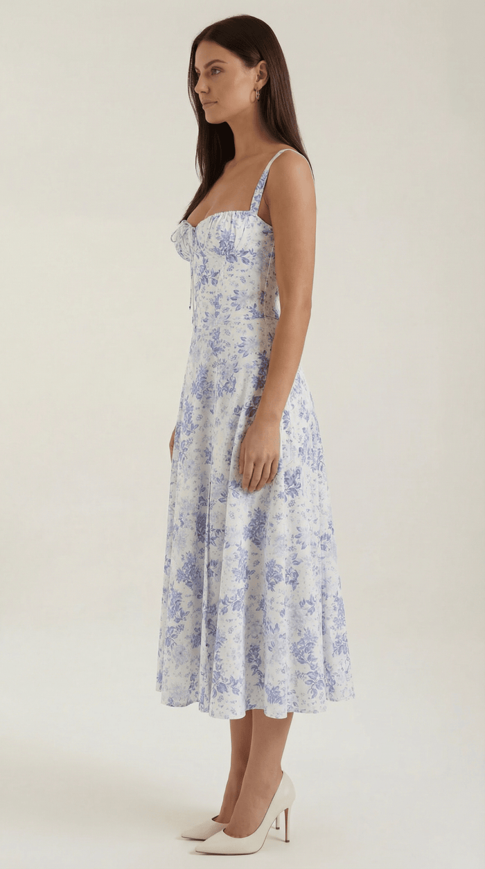 Women's Midi Dress - Sweetheart Neckline Lace-Up Structured Fit