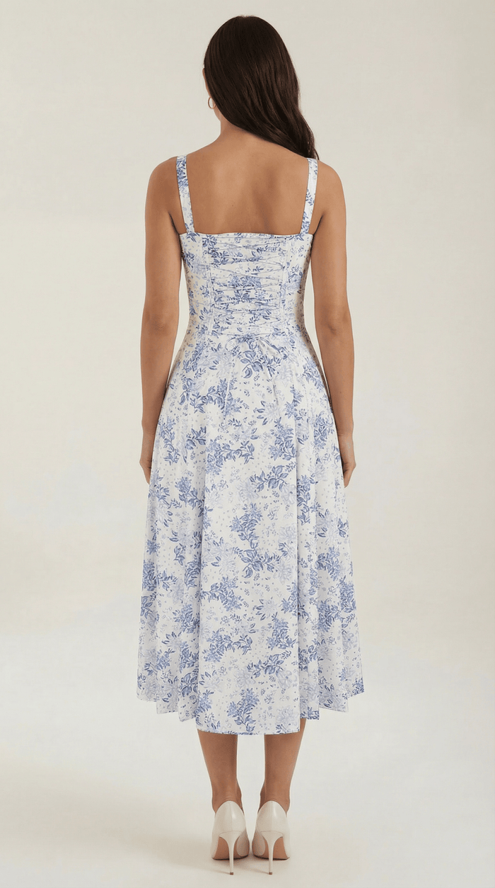 Women's Midi Dress - Sweetheart Neckline Lace-Up Structured Fit