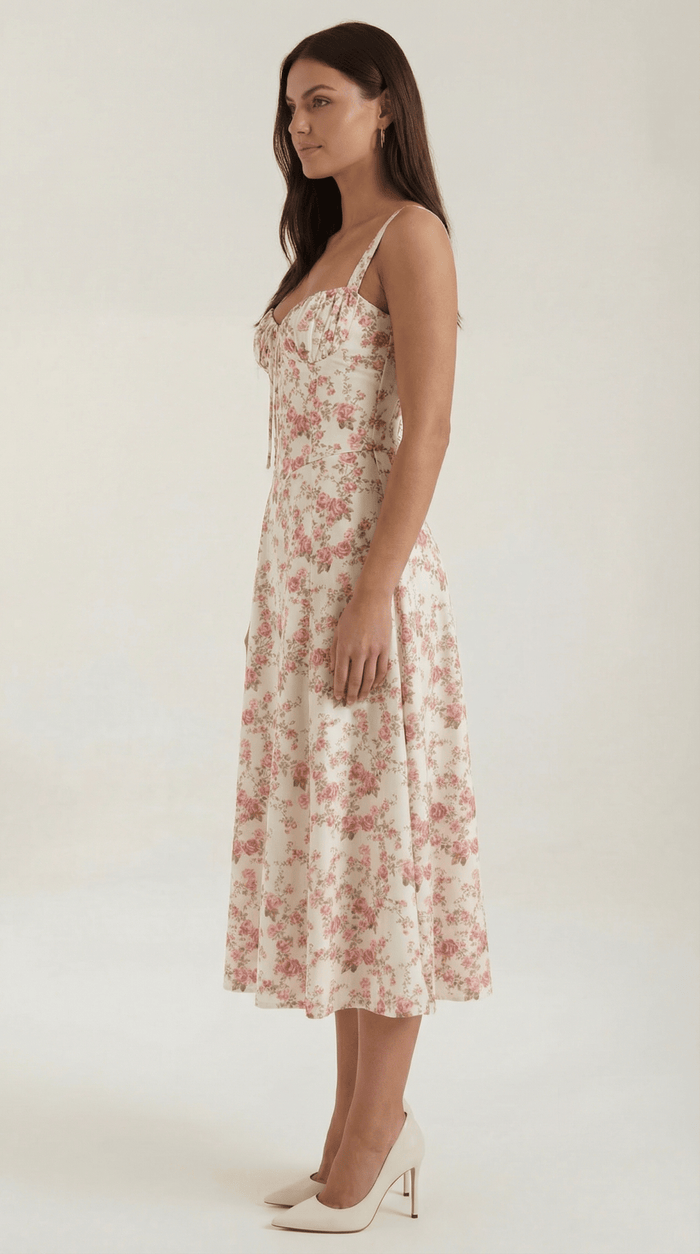 Women's Midi Dress - Sweetheart Neckline Lace-Up Structured Fit