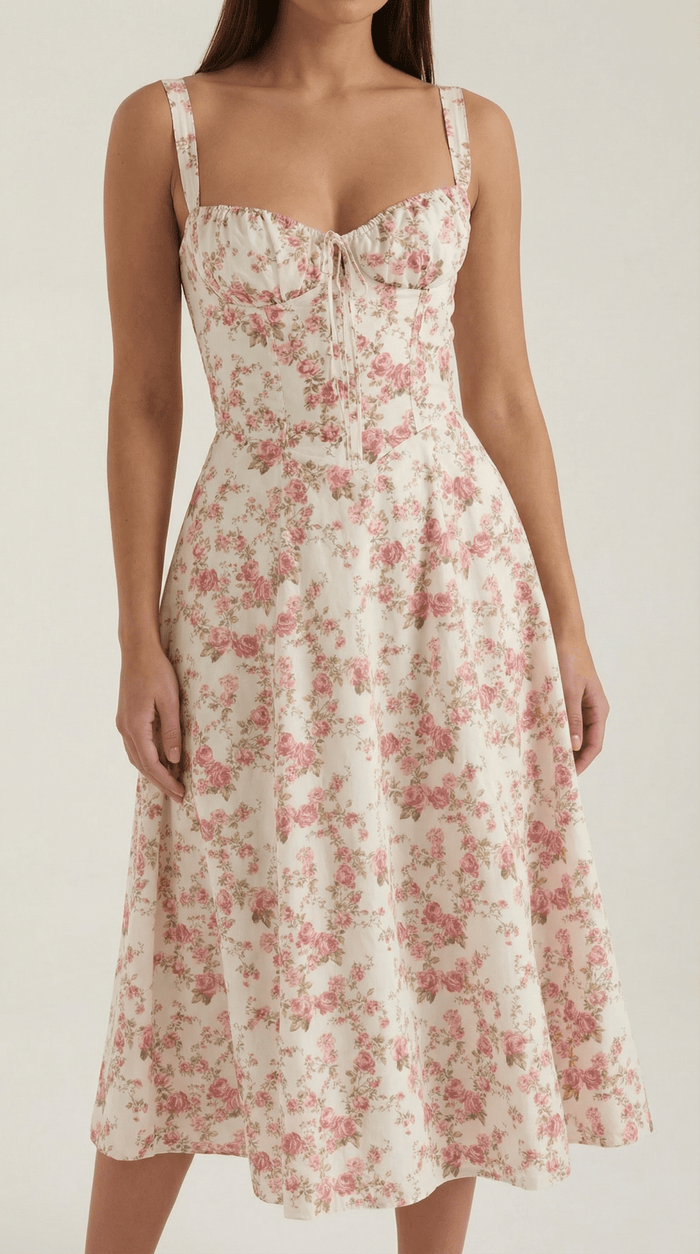 Women's Midi Dress - Sweetheart Neckline Lace-Up Structured Fit
