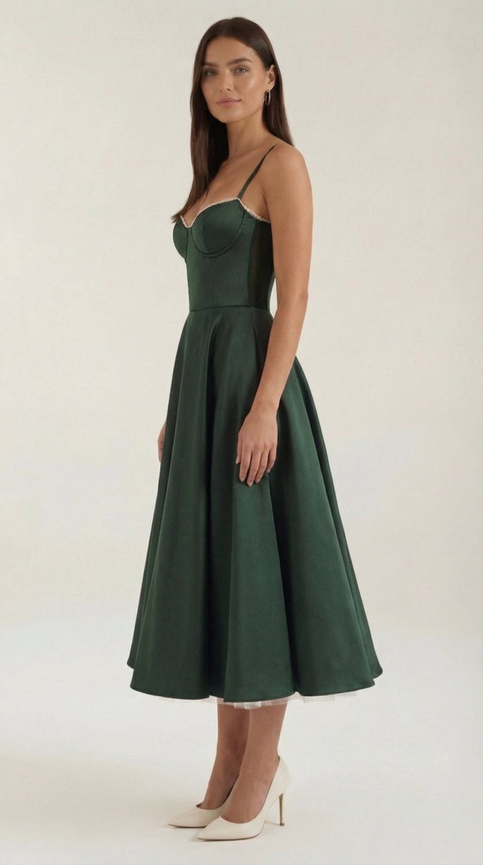 Women's Midi Dress - Sweetheart Neckline & Spaghetti Straps