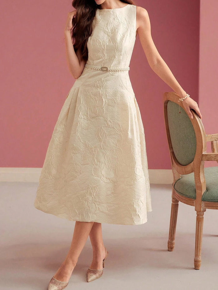 Women's Midi Dress — A-Line Fit Boat Neckline Sleeveless Belt