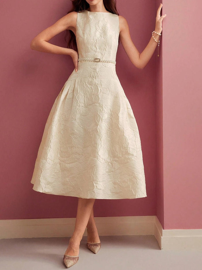 Women's Midi Dress — A-Line Fit Boat Neckline Sleeveless Belt