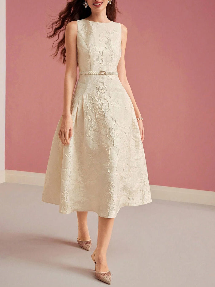 Women's Midi Dress — A-Line Fit Boat Neckline Sleeveless Belt