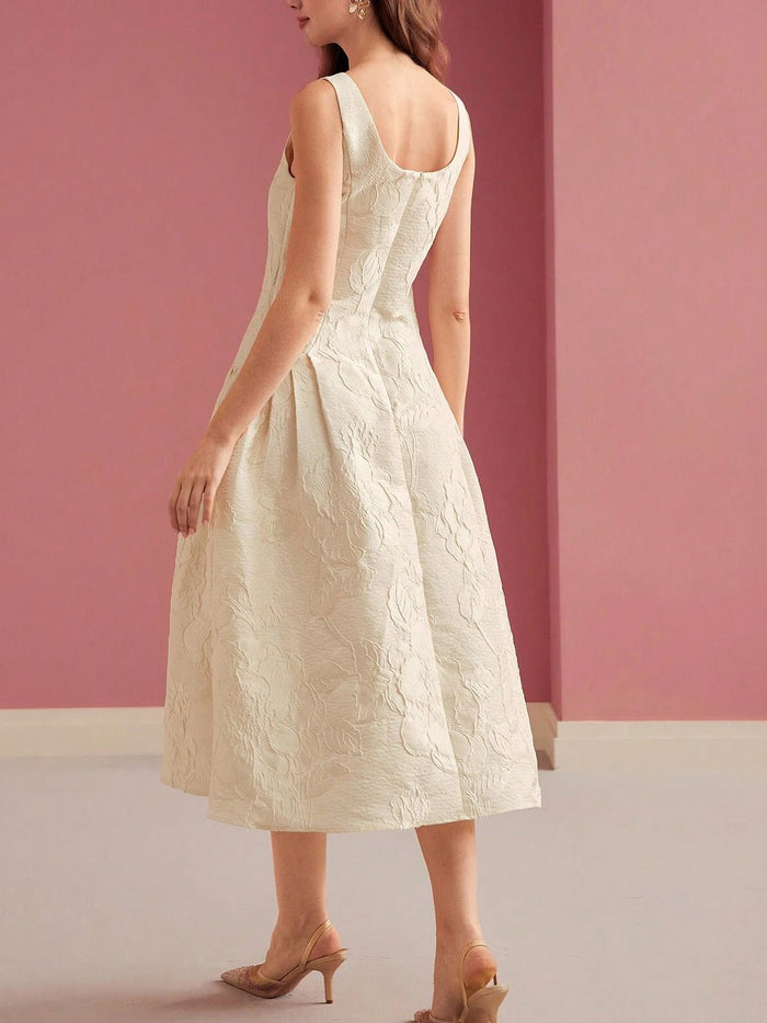 Women's Midi Dress — A-Line Fit Boat Neckline Sleeveless Belt