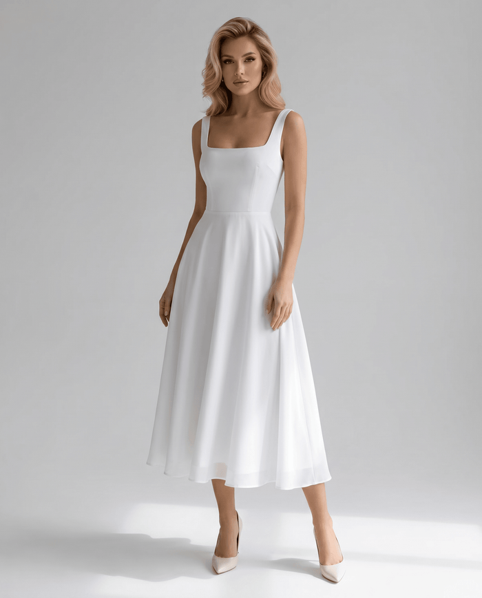 Women's Midi Dress — A-Line Fit Square Neckline Structured Bodice
