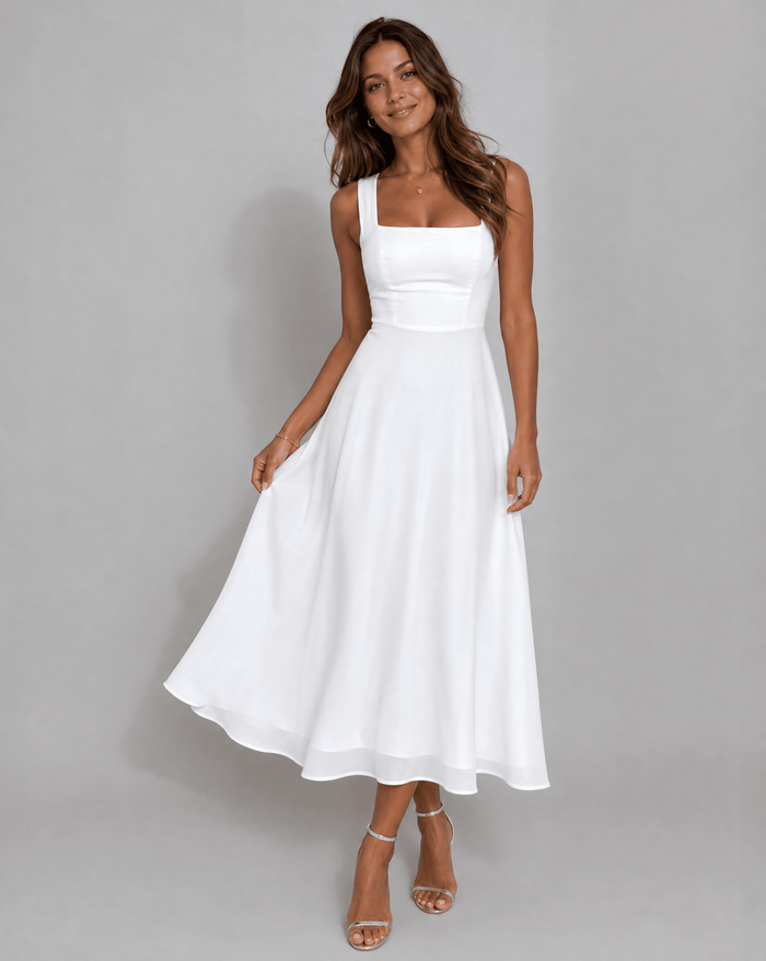 Women's Midi Dress — A-Line Fit Square Neckline Structured Bodice