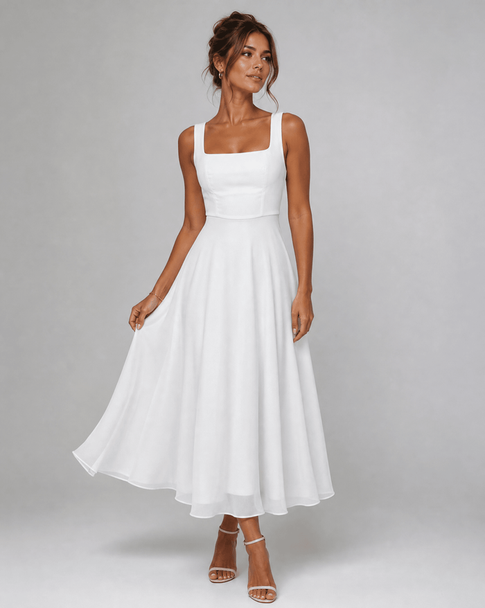 Women's Midi Dress — A-Line Fit Square Neckline Structured Bodice