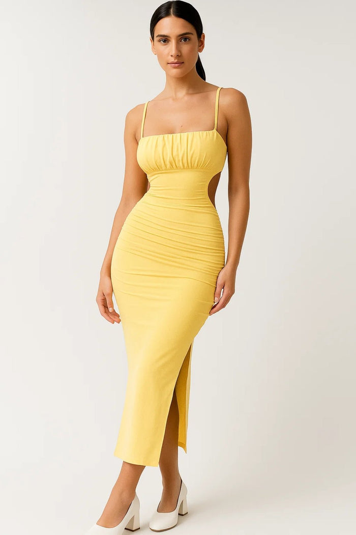 Women's Midi Dress — Bodycon Fit Strappy Pleated Detail Design