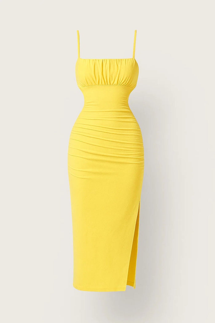 Women's Midi Dress — Bodycon Fit Strappy Pleated Detail Design
