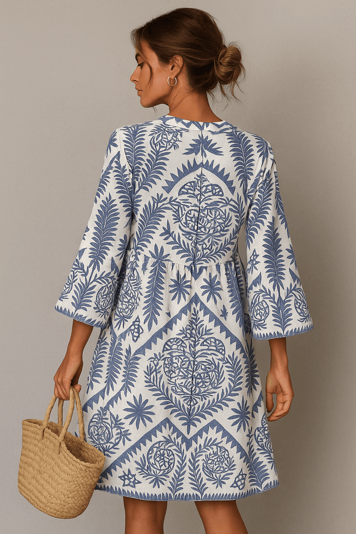 Women's Midi Dress — Boho Print V-Neck Short Sleeve Design
