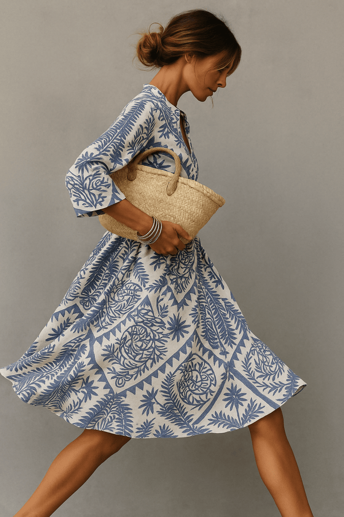 Women's Midi Dress — Boho Print V-Neck Short Sleeve Design