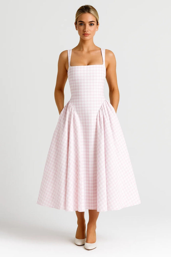 Women's Midi Dress — Checked Print Spaghetti Straps Flared Skirt