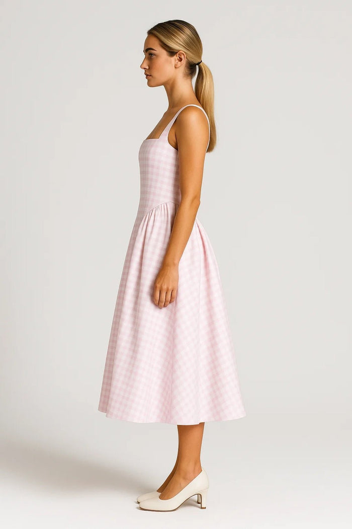 Women's Midi Dress — Checked Print Spaghetti Straps Flared Skirt