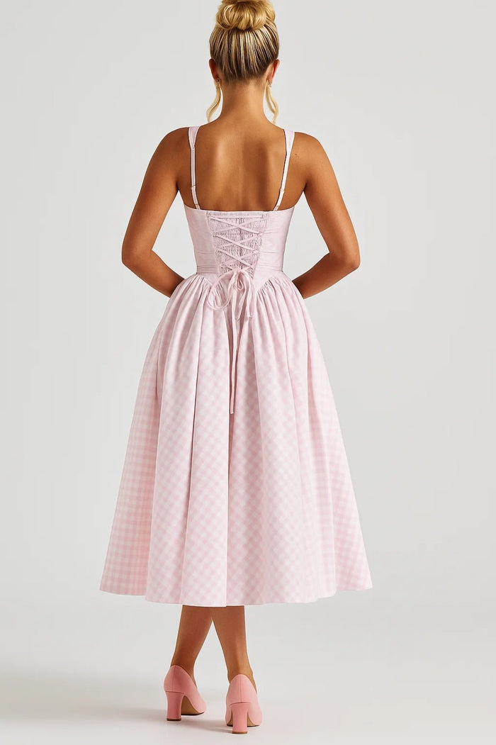 Women's Midi Dress — Checked Print Spaghetti Straps Flared Skirt