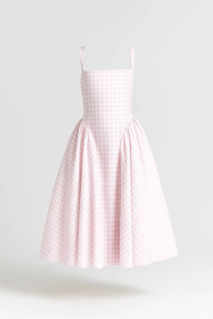 Women's Midi Dress — Checked Print Spaghetti Straps Flared Skirt