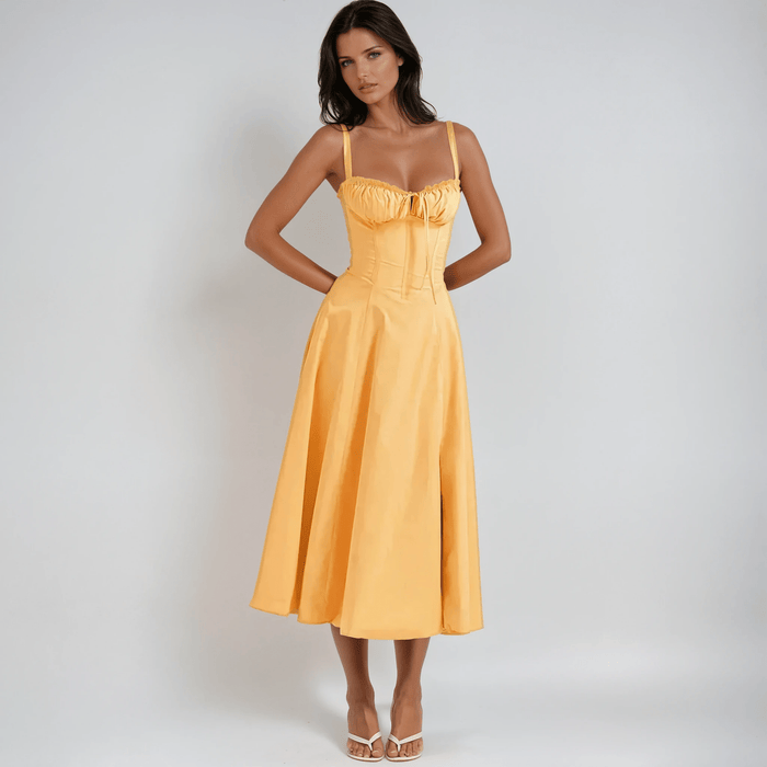 Women's Midi Dress — Corset Bodice Flared Skirt Structure