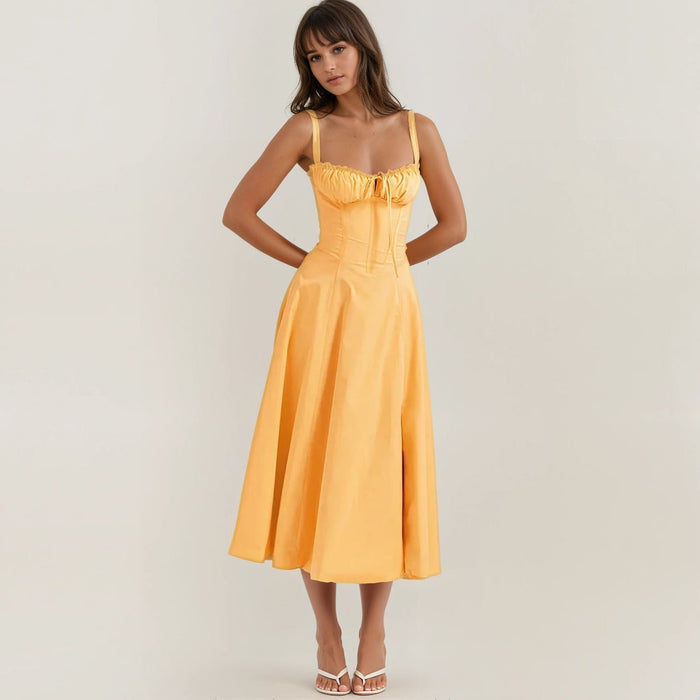 Women's Midi Dress — Corset Bodice Flared Skirt Structure