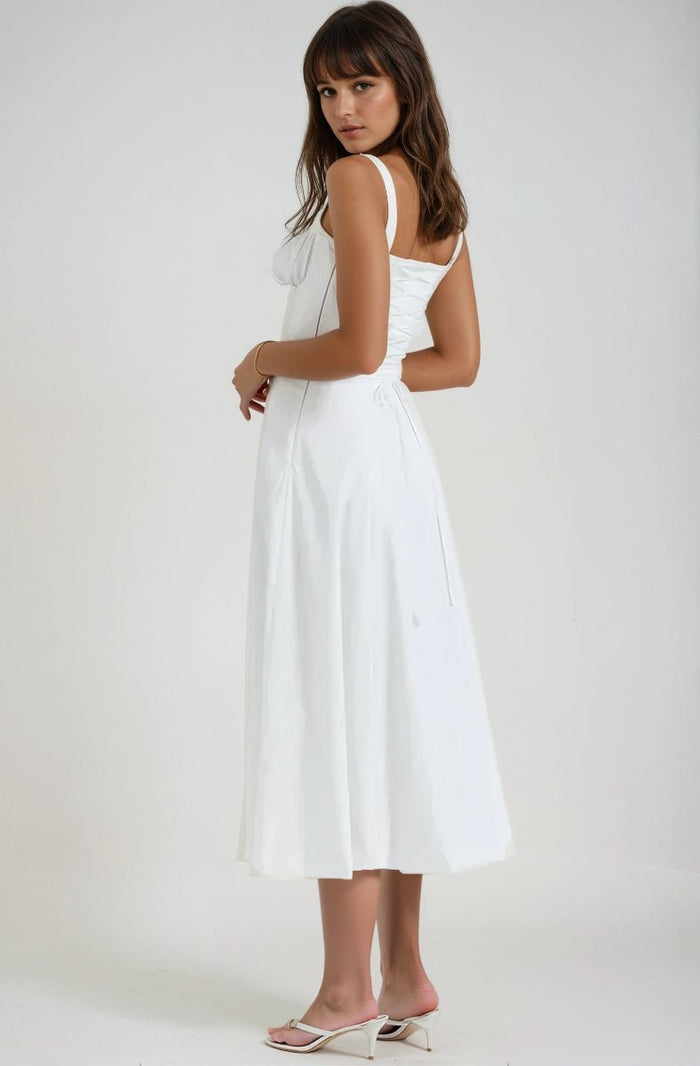 Women's Midi Dress — Corset Bodice Flared Skirt Structure