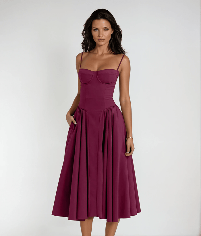 Women's Midi Dress — Corset Bodice Pleated Gathered Skirt