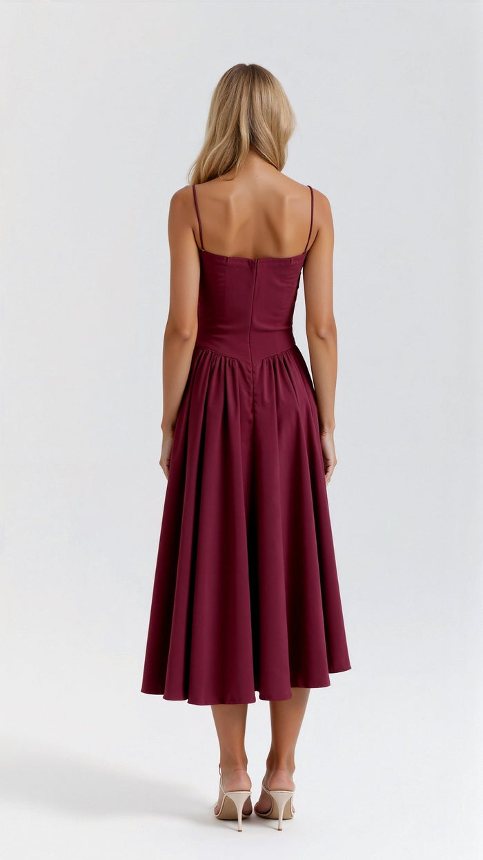 Women's Midi Dress — Corset Bodice Pleated Gathered Skirt