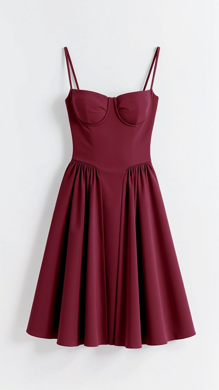 Women's Midi Dress — Corset Bodice Pleated Gathered Skirt