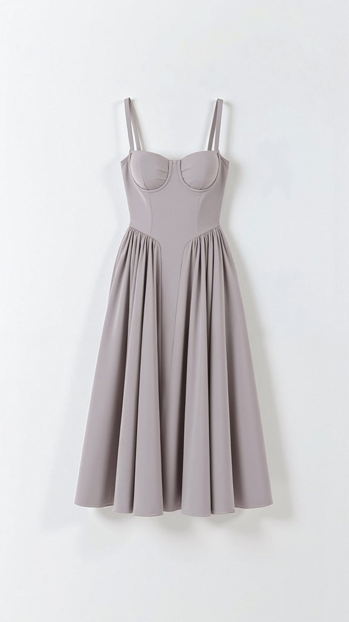 Women's Midi Dress — Corset Bodice Pleated Gathered Skirt