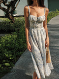 Women's Midi Dress — Floral Print Corset Bodice Button Closure