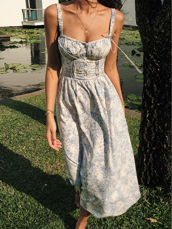 Women's Midi Dress — Floral Print Corset Bodice Button Closure