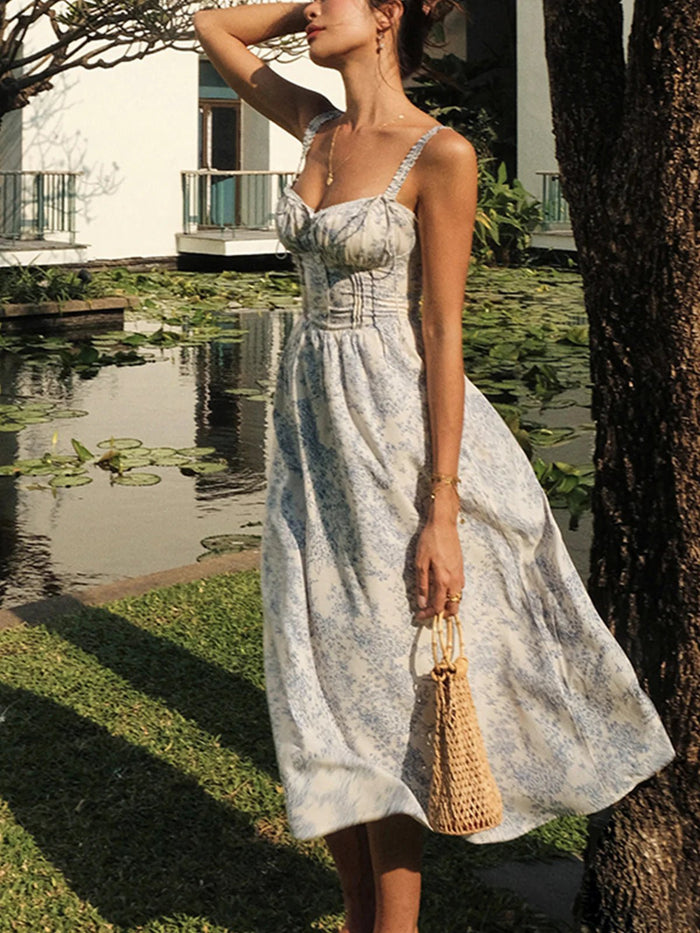 Women's Midi Dress — Floral Print Corset Bodice Button Closure