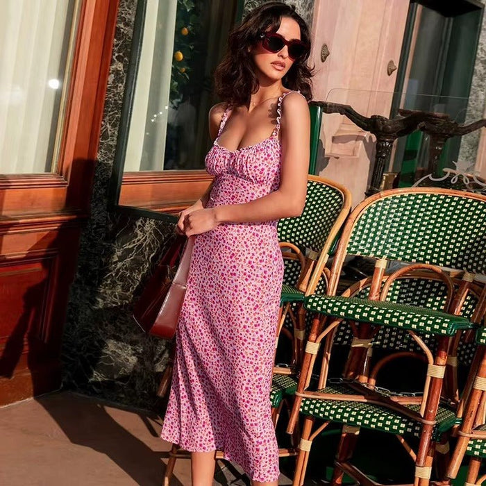 Women's Midi Dress — Floral Print Ruffle Straps Sleeveless Fit