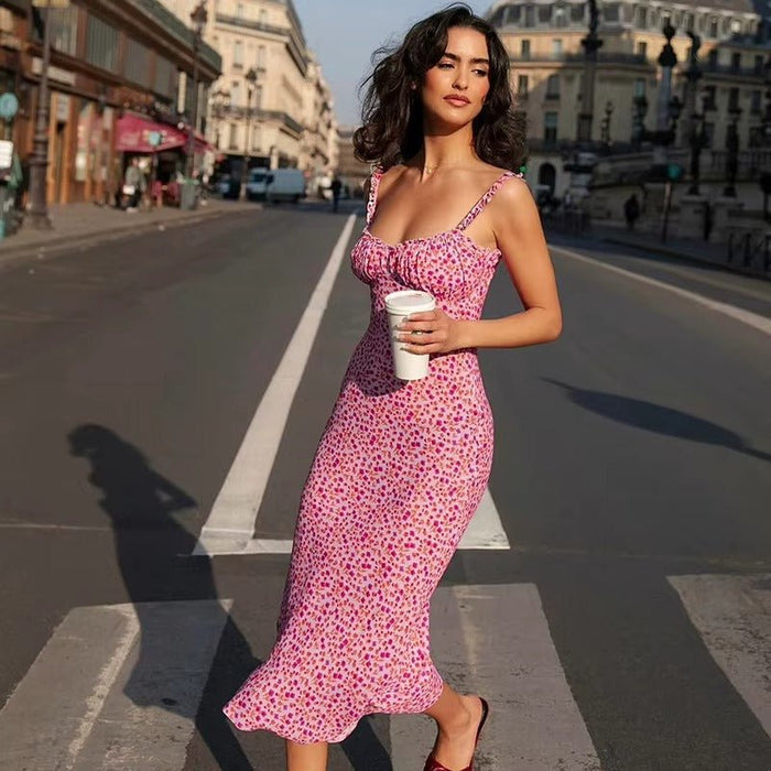 Women's Midi Dress — Floral Print Ruffle Straps Sleeveless Fit