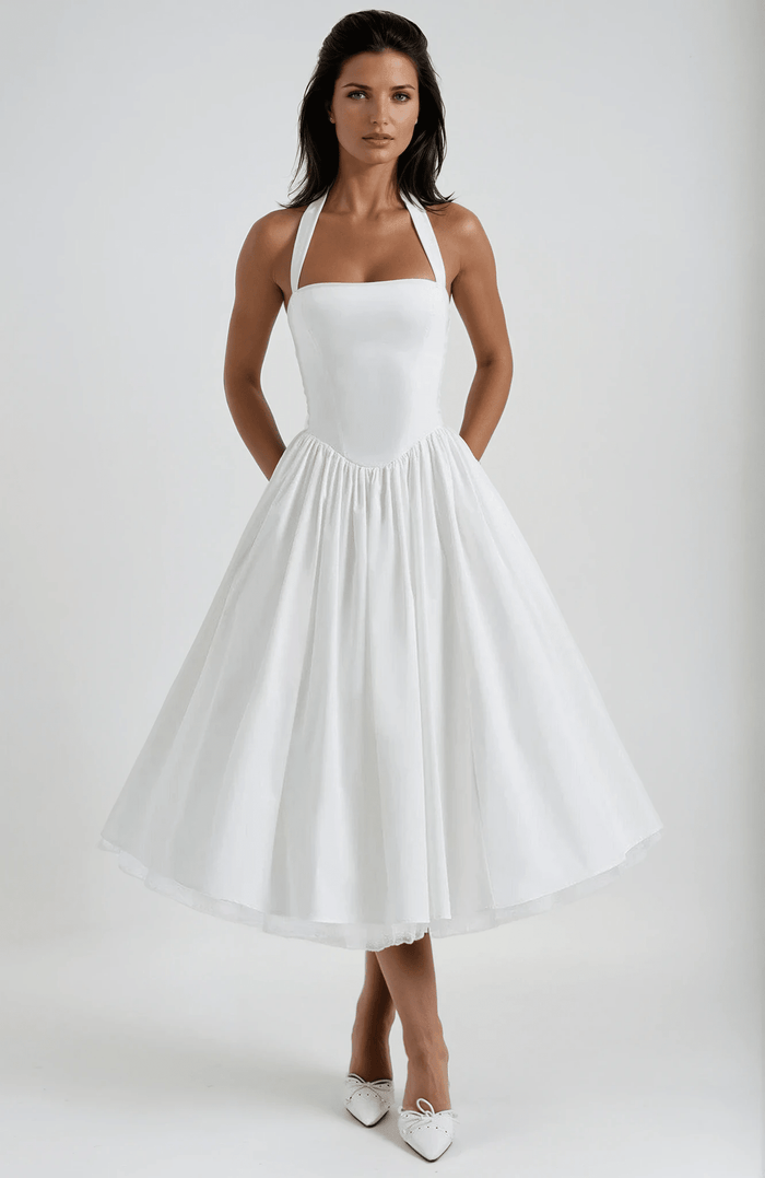 Women's Midi Dress — Halter Neckline Flared Skirt Sleeveless