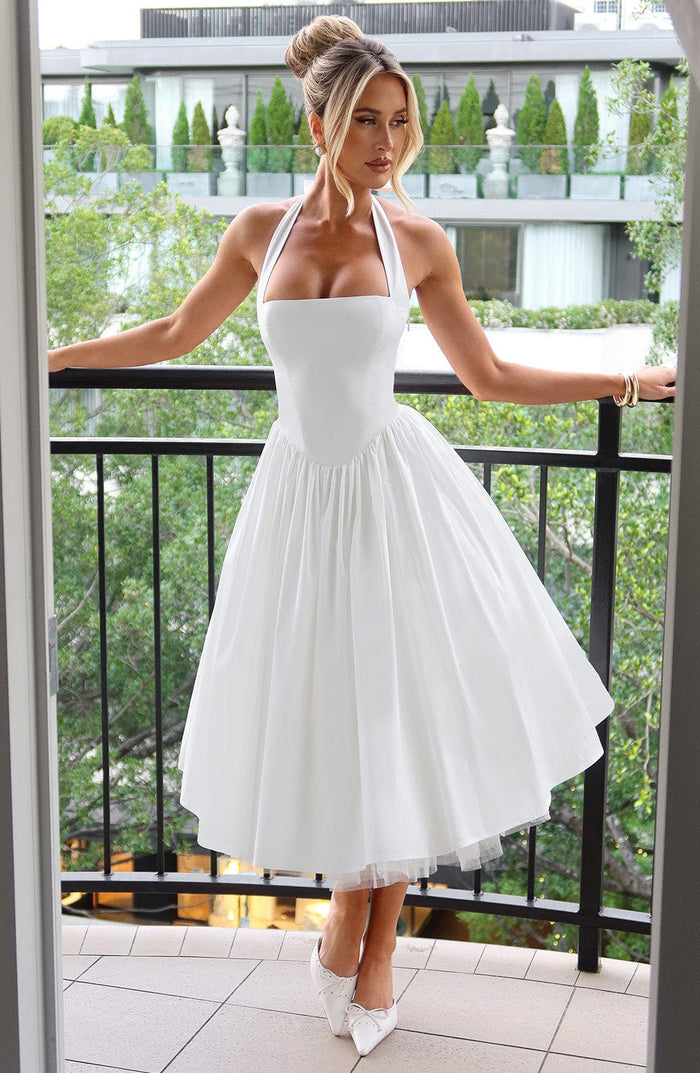 Women's Midi Dress — Halter Neckline Flared Skirt Sleeveless