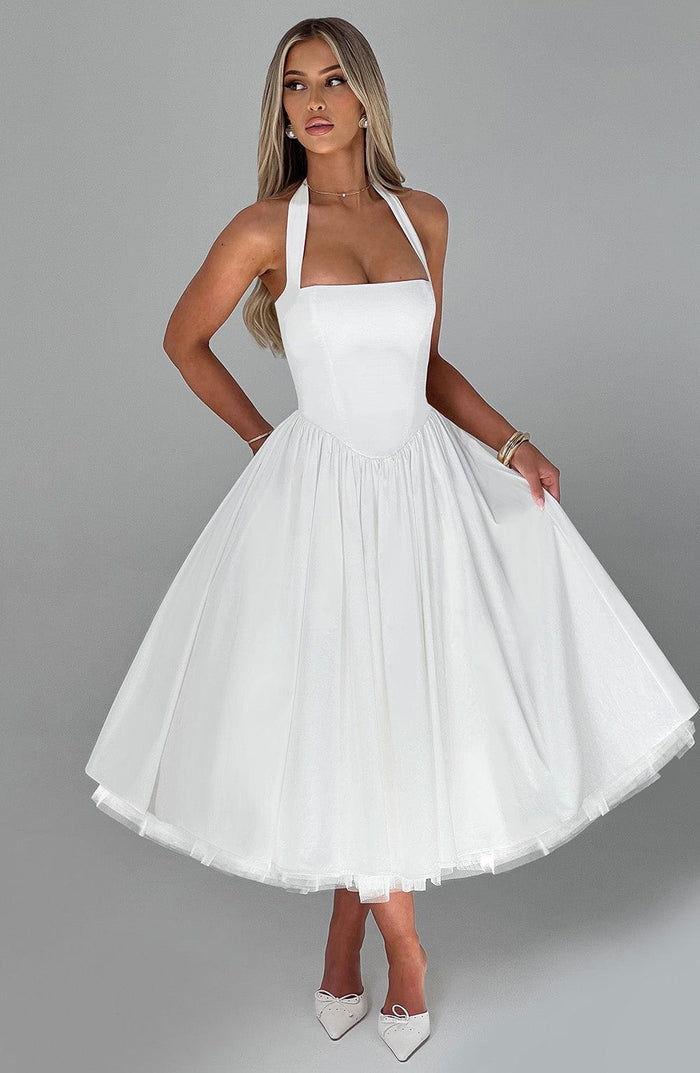 Women's Midi Dress — Halter Neckline Flared Skirt Sleeveless
