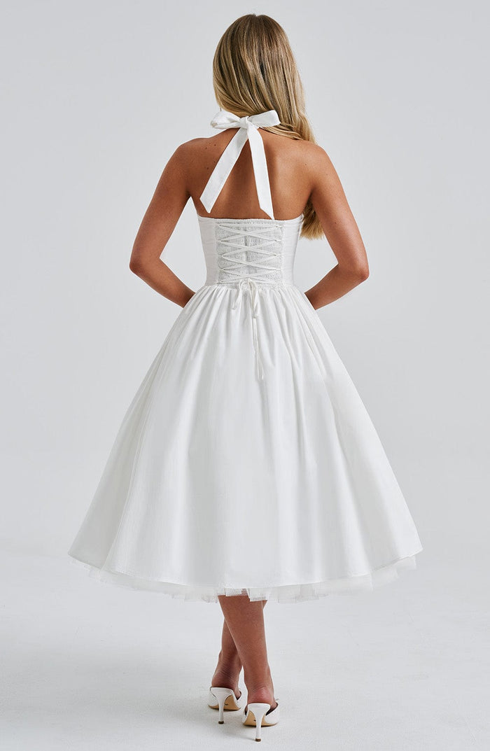 Women's Midi Dress — Halter Neckline Flared Skirt Sleeveless