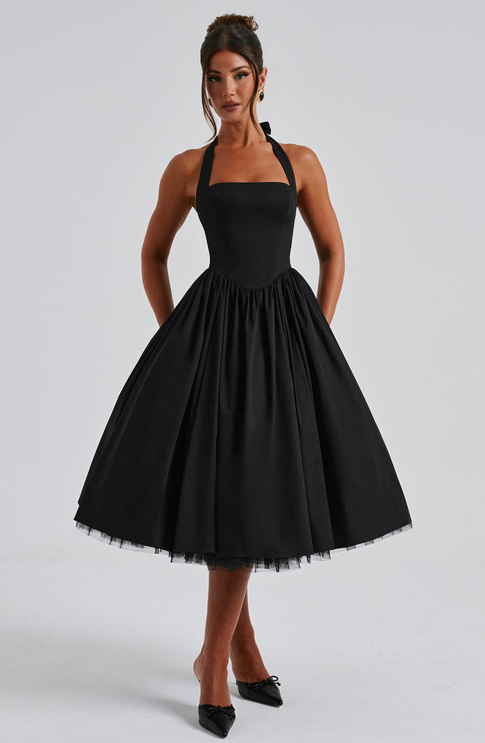 Women's Midi Dress — Halter Neckline Flared Skirt Sleeveless