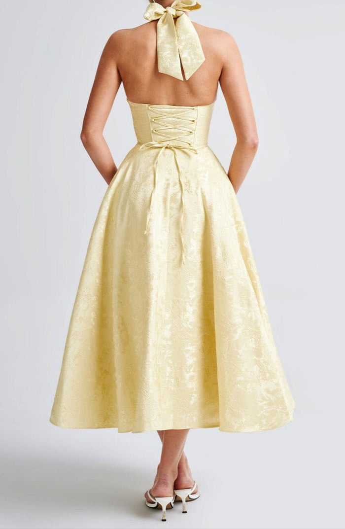 Women's Midi Dress — Halter Plunge Front Floral Jacquard Detail