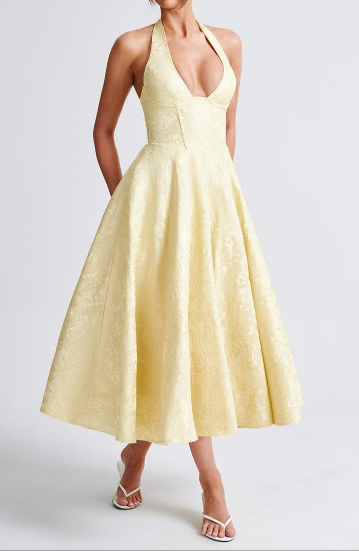 Women's Midi Dress — Halter Plunge Front Floral Jacquard Detail
