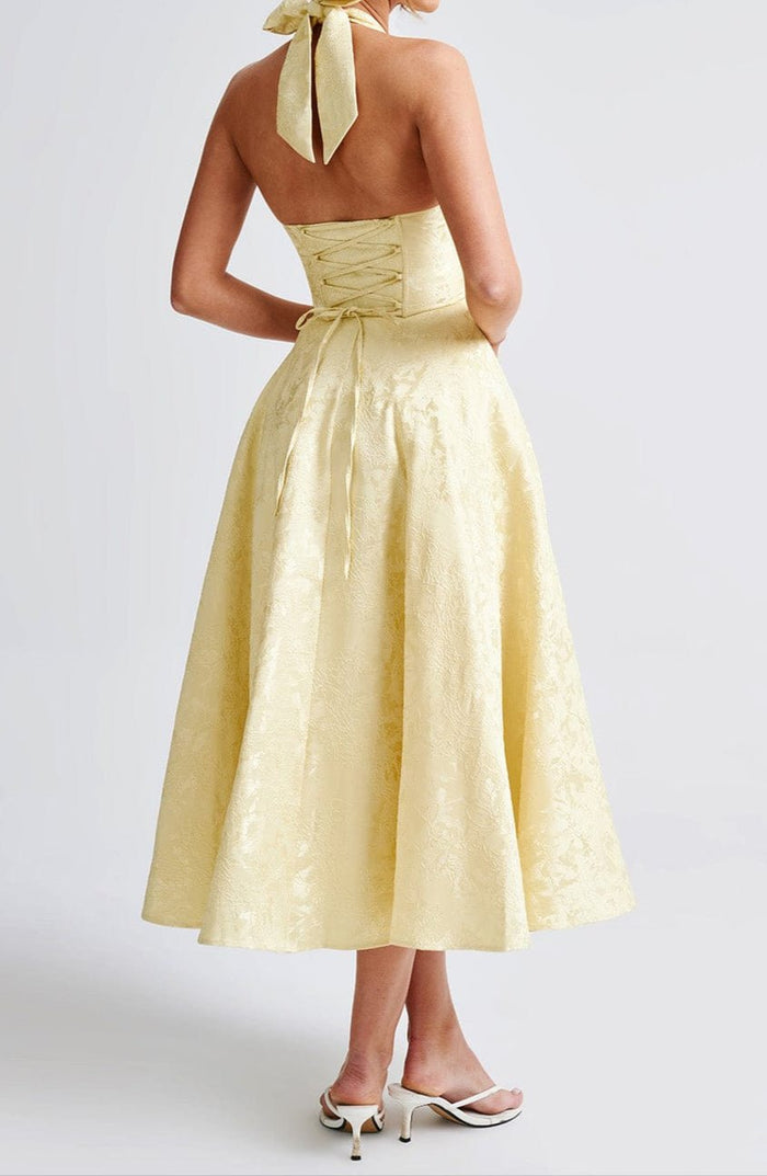 Women's Midi Dress — Halter Plunge Front Floral Jacquard Detail