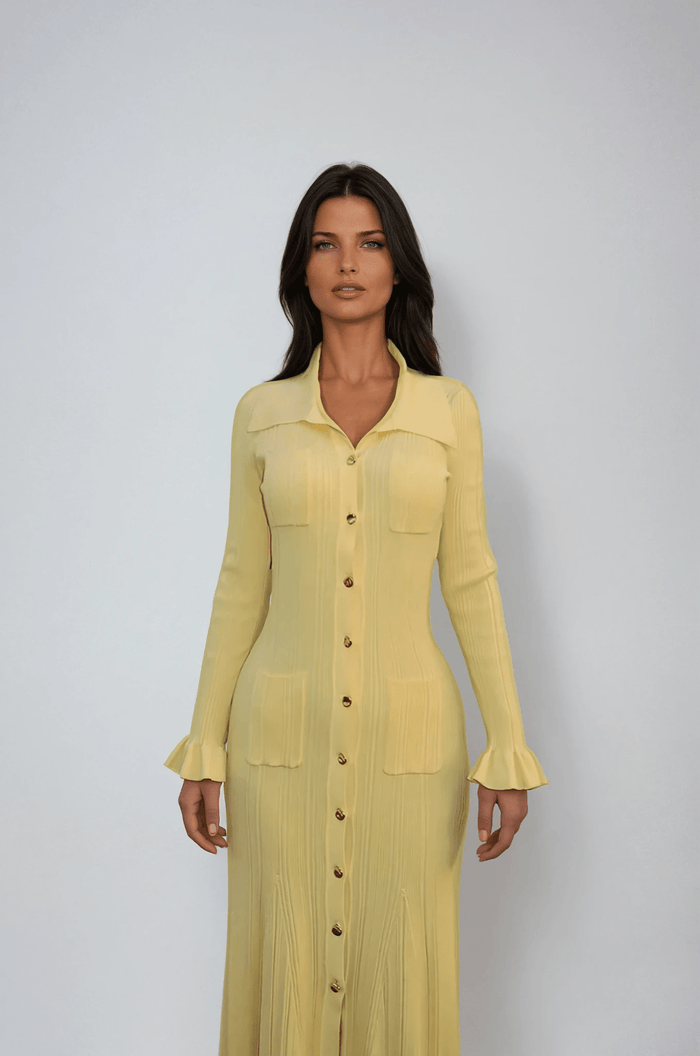 Women's Midi Dress — Knit Collared Short Sleeve Button Front