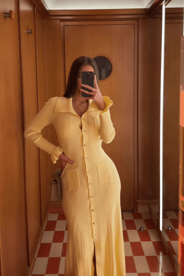 Women's Midi Dress — Knit Collared Short Sleeve Button Front