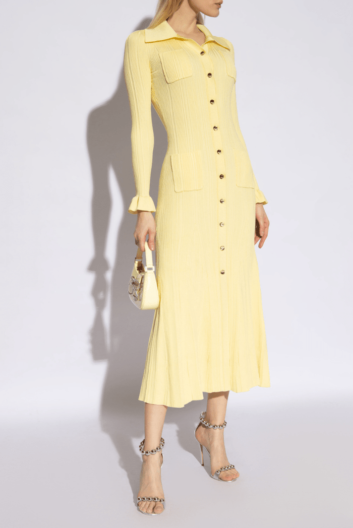 Women's Midi Dress — Knit Collared Short Sleeve Button Front